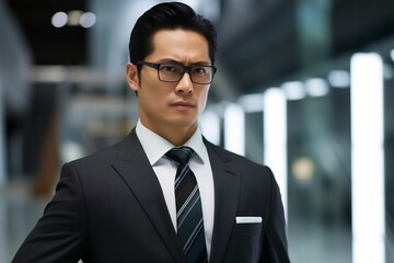 Portrait of a young Asian man wearing a black business suit and glasses. AI-generated.