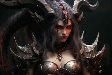 Portrait of a gorgeous gray-haired woman in a demonic outfit. AI-generated.