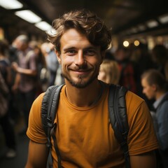 Obraz premium Cheerful young man with a backpack pictured in a bustling train station. AI-generated.