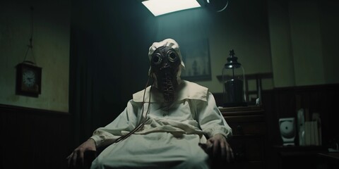 a person sitting in a chair with a dark face mask and white dress