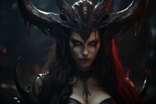 Portrait of a gorgeous dark-haired woman in a demonic outfit. AI-generated.