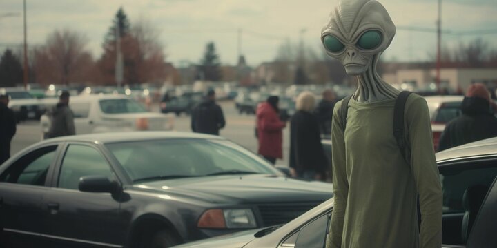 AI-generated illustration of an alien figurine standing alongside parked cars in a parking lot