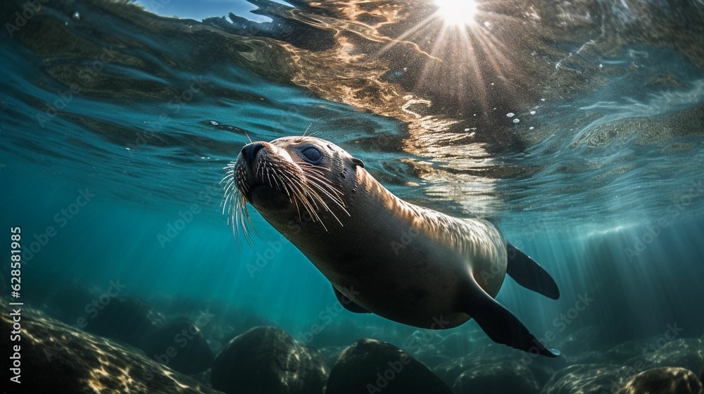 Sticker ai generated illustration of an adorable seal swimming beneath the sun-dappled surface of the sea