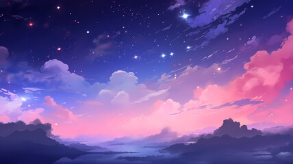 Hand drawn beautiful cartoon night starry sky landscape illustration
