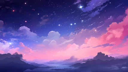Abwaschbare Fototapete Dunkelblau Hand drawn beautiful cartoon night starry sky landscape illustration 