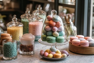 AI generated image of different Easter eggs with decorations on table