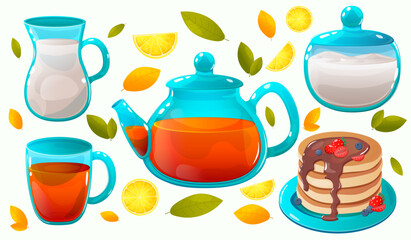 Set of tea, lemon, sugar, milk, mug, pancakes in cartoon style. Welcome autumn. Vector illustration