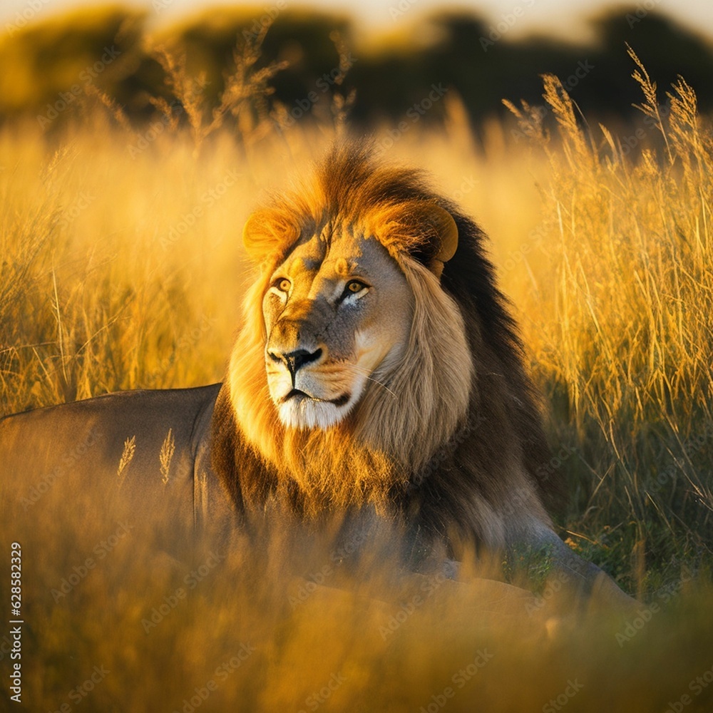 Poster AI generated lion resting in greenery field