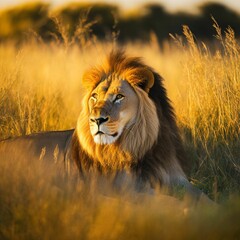 AI generated lion resting in greenery field