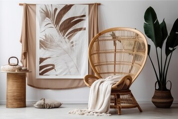 exotic tropical boho still life in the interior. On a rattan chair, a mock up of a white, vertical picture frame is blank. a dry palm leaf and muslin plaid in cinnamon. white wall as a backdrop People