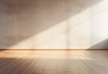 Empty light grey wall with beautiful chiaroscuro and wooden floor. Minimalist background for product presentation, mock up. Generative AI.