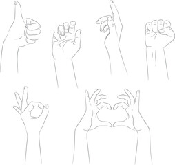 Obraz premium Set of hand drawn human hands with different gestures. Hand outline with an empty contour isolated on white background. Vector illustration