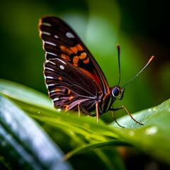 Fototapeta premium AI generated illustration of a brown and red butterfly on top of a green leaf