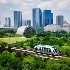 Naklejka premium AI generated illustration of an electric train car traveling along a railway track in a public park