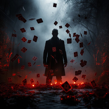 Mysterious man in black throws playing cards for poker. High quality photo