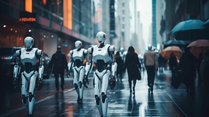 AI generated illustration of robots walking down a city street