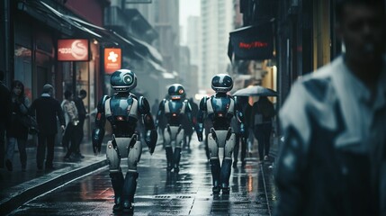 AI generated illustration of A group of robotic figures walking in unison down a wet city street
