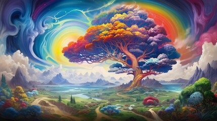 Obraz na płótnie Canvas AI generated illustration of a vibrant oil painting of a landscape with a large colorful tree