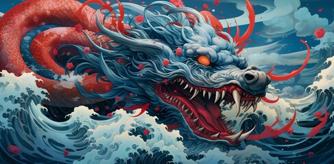 Obraz na płótnie Canvas AI generated illustration of a majestic dragon perched atop a turbulent stormy sea