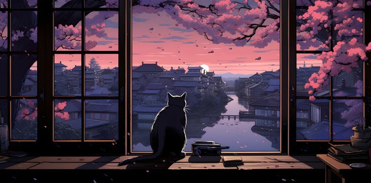 AI generated illustration of a cat gazing out the window, with an orange and pink sunset
