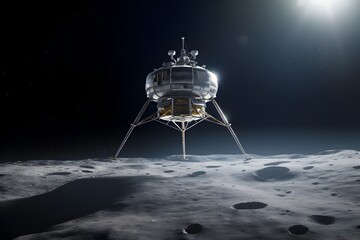 Spaceship lands on the surface of the moon, space expedition to the planet or satellite. Ai...
