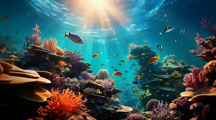 Fototapeta na wymiar AI generated illustration of an underwater scene featuring a vibrant array of fish swimming