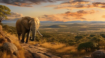 AI generated illustration of a majestic elephant walking along a deserted terrain landscape