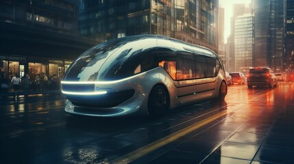 Fototapeta na wymiar Modern electric bus travelling down a busy urban street. AI-generated.