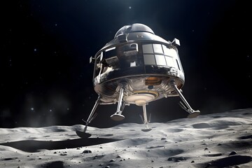 Spaceship lands on the surface of the moon, space expedition to the planet or satellite. Ai generative - Powered by Adobe