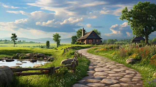 AI generated illustration of a winding stone path leading from a paved road to a charming home