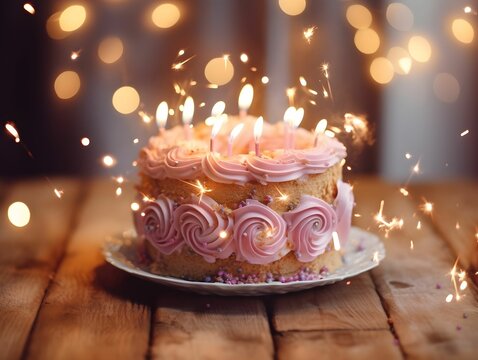 AI generated illustration of a pink birthday cake with candle and sparkling lights