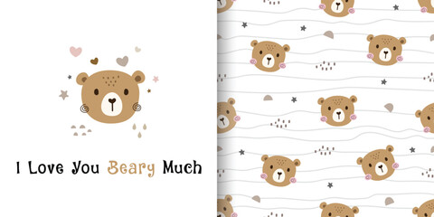 Set of seamless patterns with cute bear. Designs for fabric, textiles, wrapping, print and wallpaper. Vector illustration