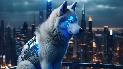 AI generated illustration of a majestic white glowing wolf looking out into the distance
