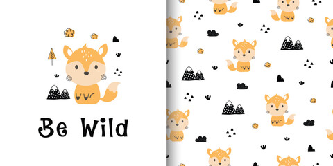 Seamless pattern with cute fox and mountain. Cartoon fox animal background. Design for textile, print, fabric, wallpaper, wrapping. Vector illustration