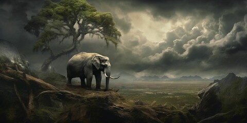 AI generated illustration of a majestic elephant striding across a beautiful landscape
