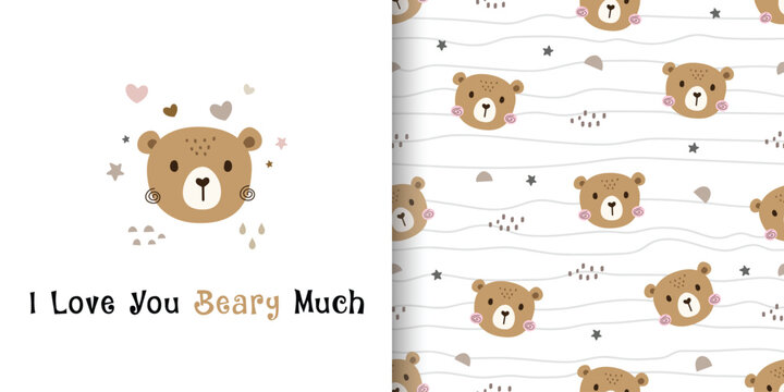 Set Of Seamless Patterns With Cute Bear. Designs For Fabric, Textiles, Wrapping, Print And Wallpaper. Vector Illustration