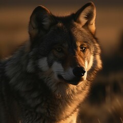 Obraz premium AI generated illustration of a gray wolf in a natural outdoor setting at sunset