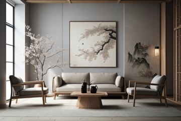 Gray sofa and gray armchair in a Japanese style room with a cream colored wall. Generative AI