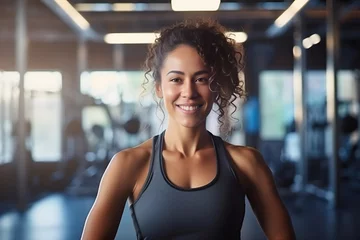 Tuinposter Portrait of a female personal trainer in a modern gym. AI generative © vladdeep