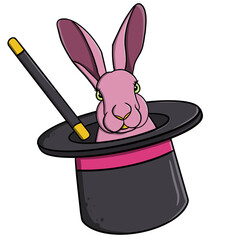 Enchanting Pink Rabbit with Magic Hat: Whimsical Illustration. Step into a world of enchantment with this charming illustration of a pink rabbit inside a magical hat. 