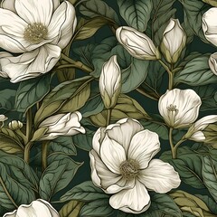 AI-generated illustration of a beautiful floral pattern with white flowers and green leaves.