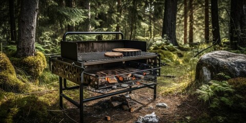 AI generated illustration of a barbecue grill set up in a forest setting, with lush green trees