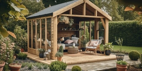 AI generated illustration of a wooden gazebo with cushioned seating and lush greenery in the garden - obrazy, fototapety, plakaty