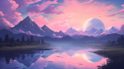 Fototapeta na wymiar sunrise over the mountains Anime Art Style Nature Environment Concept Art Illustration Background Image. Generative Ai content