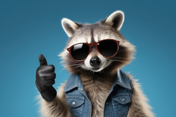 Portrait of a joyful cool raccoon wearing sunglasses and human clothing shows a thumbs up isolated on a flat blue background. 3d render illustration character raccoon mascot.