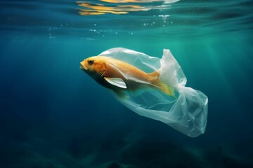 AI generated illustration of a fish swimming in the sea, trapped in a plastic bag