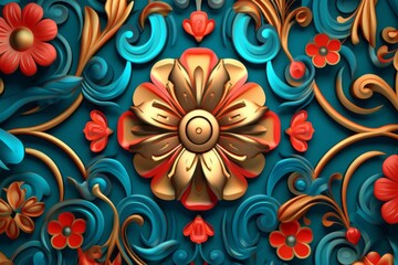 3d rendering of an ornate floral design on a blue background
