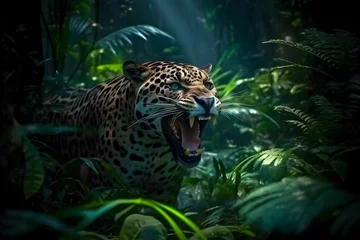 Foto op Plexiglas AI generated illustration of a jaguar roaring in a green tropical rainforest © Drkasch/Wirestock Creators