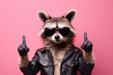 Portrait of a joyful cool raccoon wearing sunglasses and human clothing shows a thumbs up isolated on a flat pink background. 3d render illustration character raccoon mascot. - obrazy, fototapety, plakaty