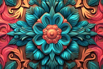 3d rendering of an ornate floral design on a red and blue background